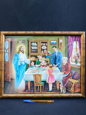 Vintage religious painting with ornate frame like new