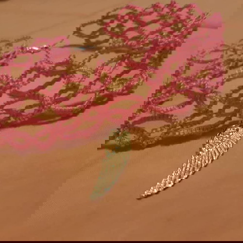 Χειροποίητο κολιέ με τεχνική needle tatting, ροζ βαμβακερή κλωστή