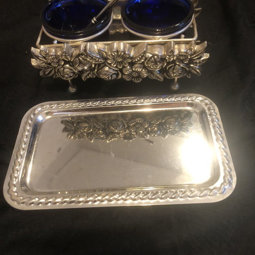 Vintage Art Nouveau salt and pepper set with cobalt blue glass, like new