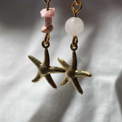 Earrings with stainless steel star charm, rose aventurine beads