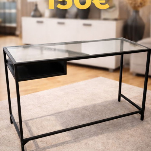 Mini console table like new, metal frame with wood effect glass top