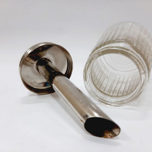 Vintage glass sugar pourer with metal dispenser and stainless lid, like new