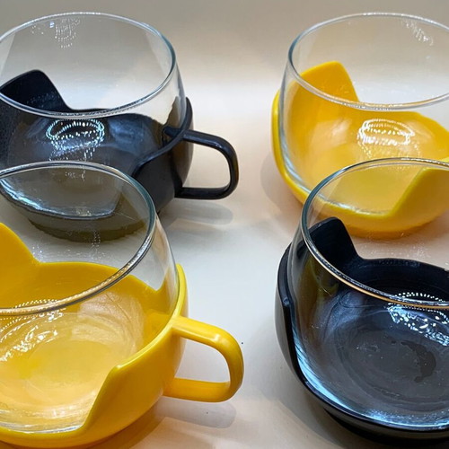Glass cups with plastic holders vintage '70s set of 4 like new