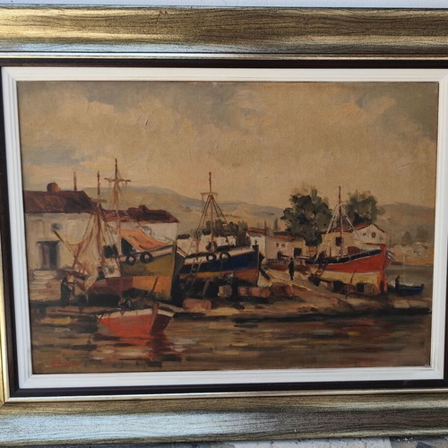 Oil painting on canvas by Antonis Karras used, seaside landscape with fishing boats