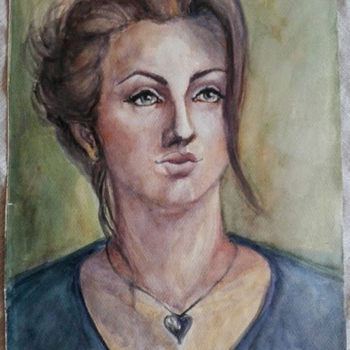 Vintage watercolor portrait on cardboard used, 35×50 cm