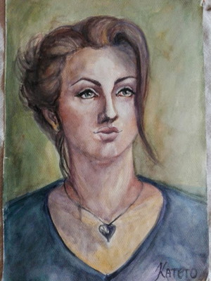 Vintage watercolor portrait on cardboard used, 35×50 cm