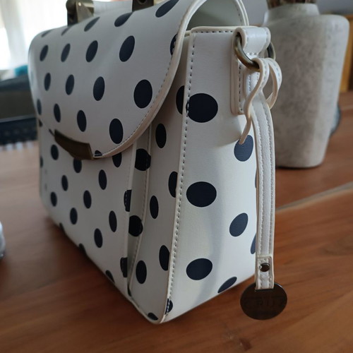 Carpisa crossbody and handheld bag new, white with gray-blue polka dots
