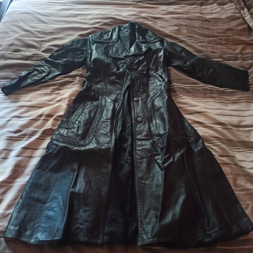 Leather vintage trench coat used, black, 70s style