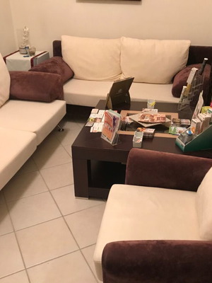 Living room set with 2 sofas, armchair and table, beige-brown