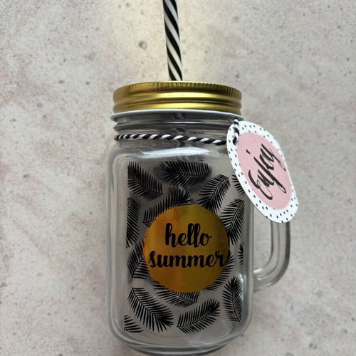 Glass mason jar hello summer 400ml new with straw and lid