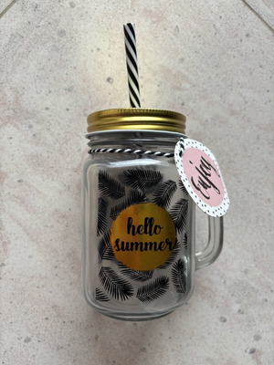 Glass mason jar hello summer 400ml new with straw and lid