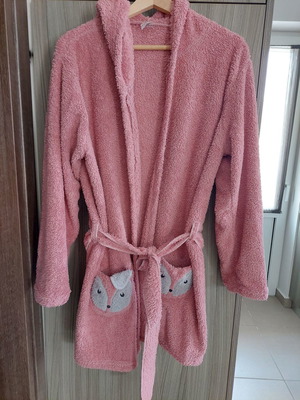 Ρόμπα Fawn μεταχειρισμένη, fleece ροζ με ζώνη και κουκούλα, μέγεθος L