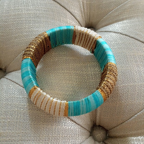 Boho chic thread-wrapped bangle like new, turquoise and gold