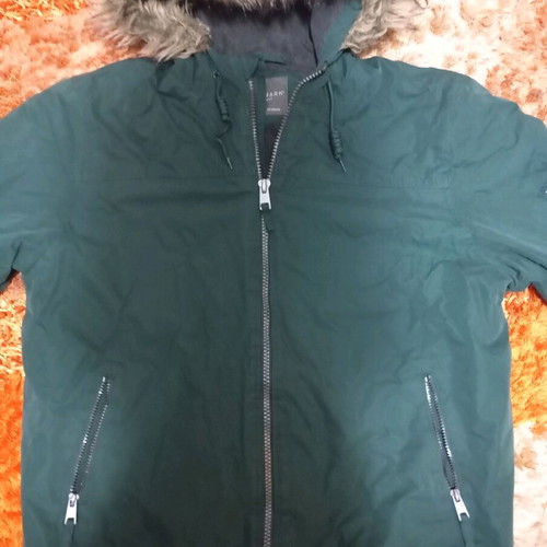 Khaki jacket with fur hood, size large, like new