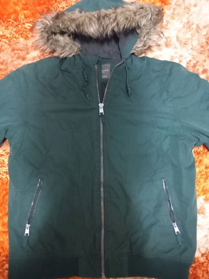 Khaki jacket with fur hood, size large, like new