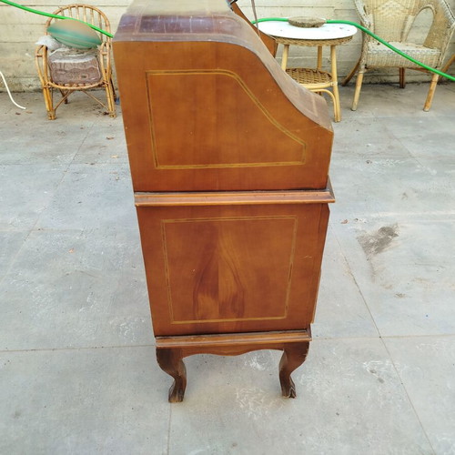 French Secretary Desk used, solid wood with marquetry and brass handles