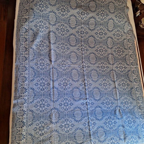 Vintage woven cotton bedspread blue white 203x148