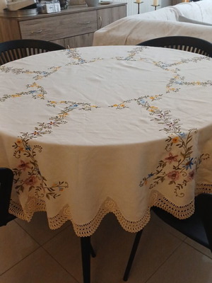 Handmade Vintage Rotonda Tablecloth beige cotton 180 cm diameter