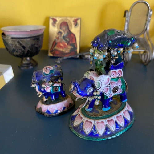 Decorative elephants used, set of 2, enamel