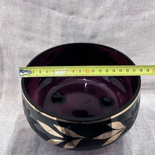 Glass cup dark purple glass with gold leaves like new