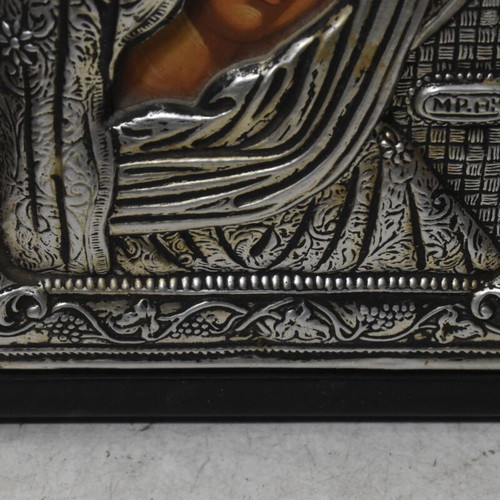 Byzantine Icon of Virgin Mary used with Metal Overlay in Wooden Frame