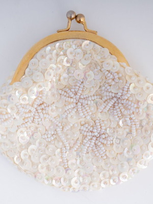 Vintage Mother-of-Pearl Sequined and Beaded Coin Purse used, beige