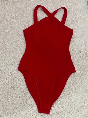 Knit bodysuit with criss-cross neckline, size S, like new, red