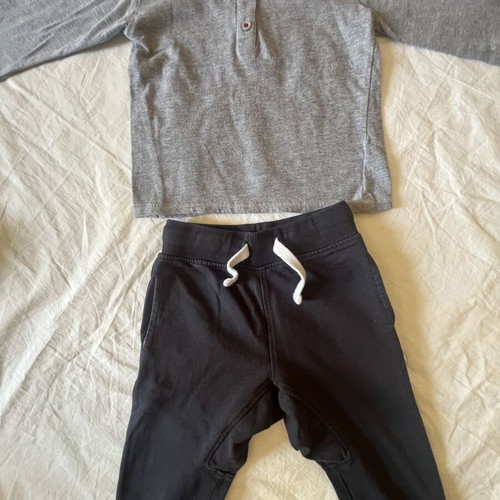 Boy's outfit used, size 12-18 months, dark blue pants and grey shirt