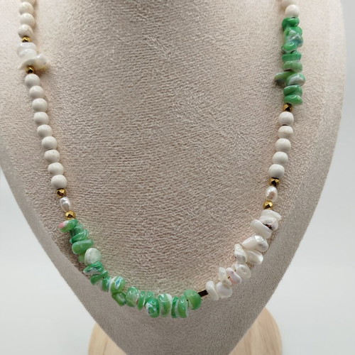 Handmade necklace with shell, howlite, pearl, hematite, and stainless steel new