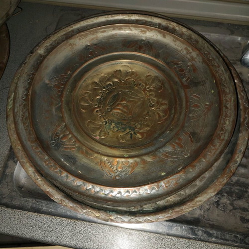Copper trays used, pack of 16 handmade, oriental and Ottoman