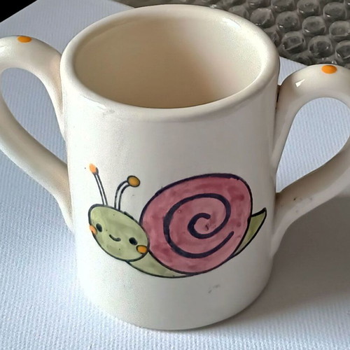 Toddlers mug snail, new, hand painted earthenware