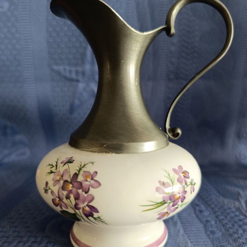 Small pitcher or vase from French porcelain and pewter like new
