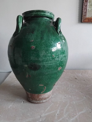Vintage Greek ceramic storage jar with green glaze