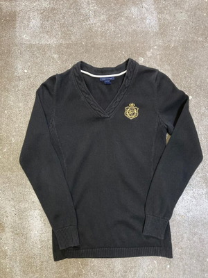 Tommy Hilfiger V-neck sweater, black with gold embroidery, size M