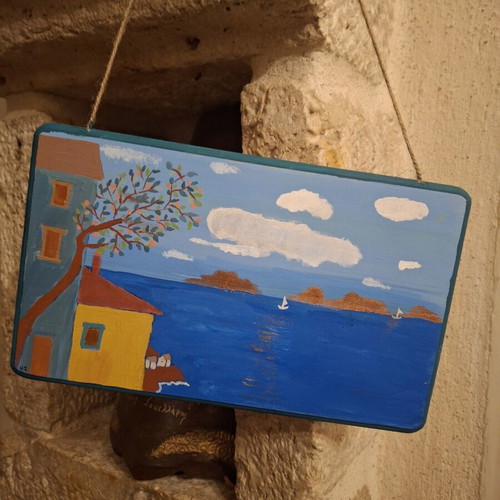 Handmade decorative wooden plaque with Aegean sea painting