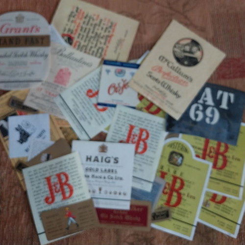 Drink labels like new, lot of 35 mainly whisky for collectors
