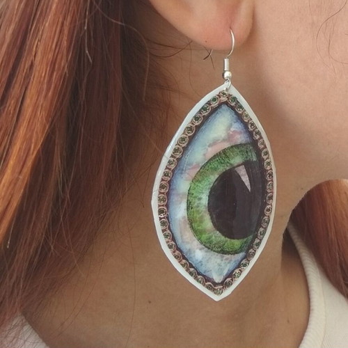 Large handmade earrings made from recycled plastic