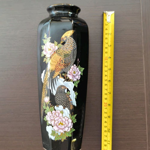 Vintage ceramic vase with pheasant and peony paintings like new