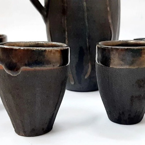 Vintage ceramic alcohol set with jug and 5 cups used