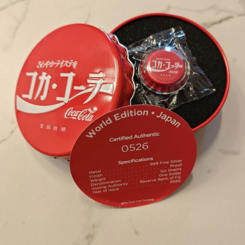 Fiji Coca-Cola Japan Logo Edition $1 Silver Coin 2020, bottle cap proof