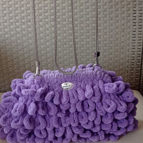 Handmade Puffy Shoulder Bag 20cm with Metal Frame Purple