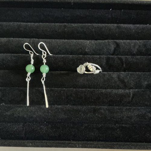 Jewelry set with handmade green aventurine beads and natural pyrite ring