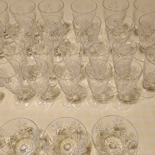 Mid-century crystal champagne glasses used, set of 10