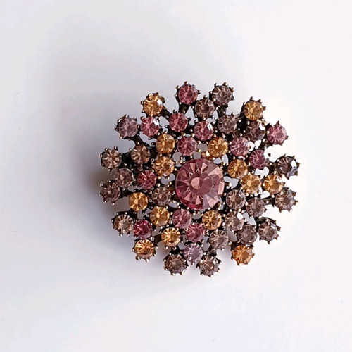 Vintage 60ies flower brooch in gold antique color like new with colorful rhinestones
