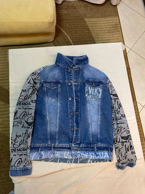Desigual denim jacket XXL used, blue and gray with prints