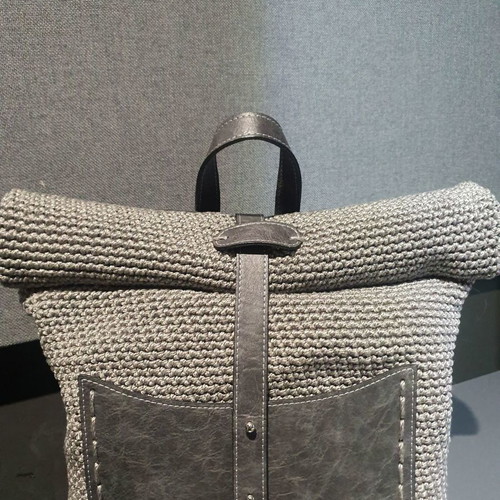 Handmade backpack bag new, knitted with gray leather details