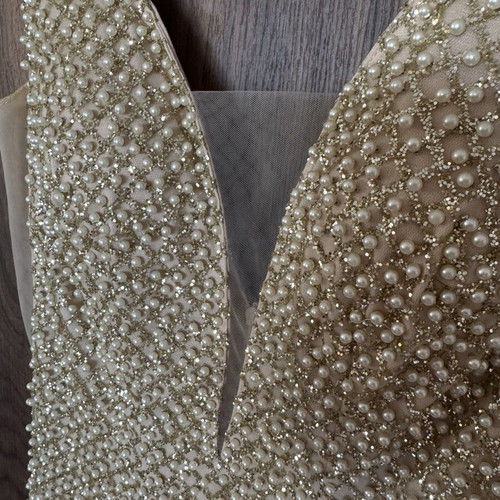Carma luxury gold pearl embellished evening gown like new