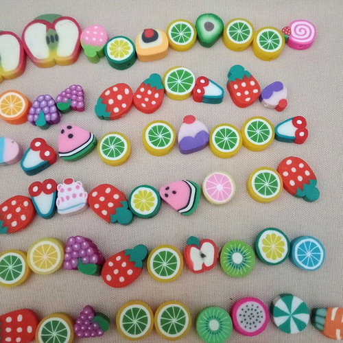 Fimo beads new with fruits, sweets and lollipops, 100 pieces