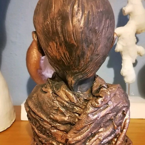 Handmade plaster sculpture with patina, figure with horns 25 cm