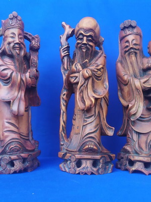 Fuk Luk Sau carved wooden statues set, handmade, used